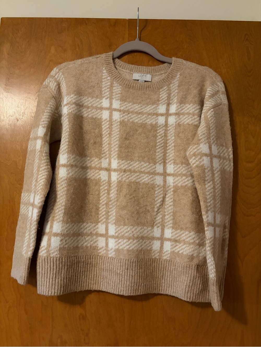 LOFT Beige and White Plaid Crewneck Sweater